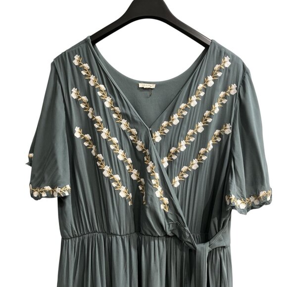 Jodifl Dress Womens 2X Green Faux Wrap Asymmetrical Maxi Embroidered Floral Boho - Picture 2 of 11
